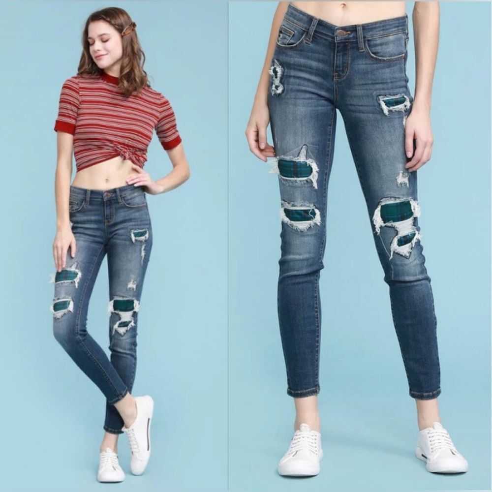 Judy Blue Jeans Distressed Skinny Size18W Green Plaid Patch Blue JB82140DK